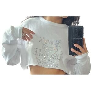 K Palma Womens White Rhinestone Sparkle Graphic Raw Hem Cropped Sweatshirt L